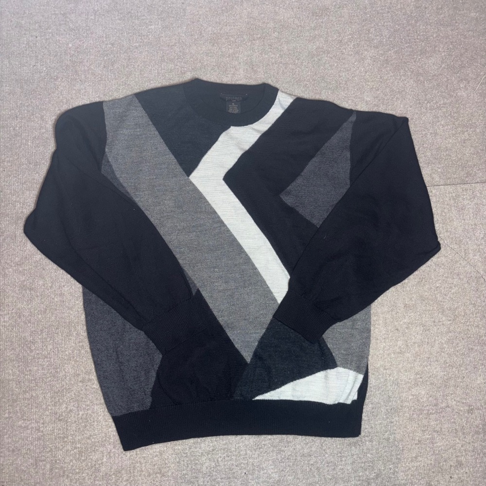 Protege Men XL Geometric Colorblock Wool Blend Crewneck Sweater Black Grey White